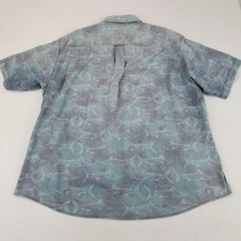 Vintage Woolrich Shirt Mens 2XL Blue Fish Print Button Down Short Sleeve Fishing